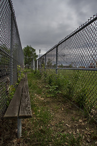 在废弃的运动场上棒球长凳被草覆盖图片