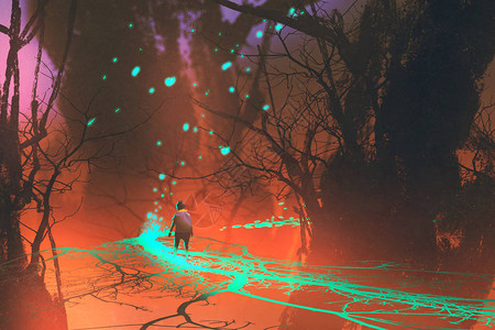 儿童在幻想桥上行走在神秘的森林里带背景图片