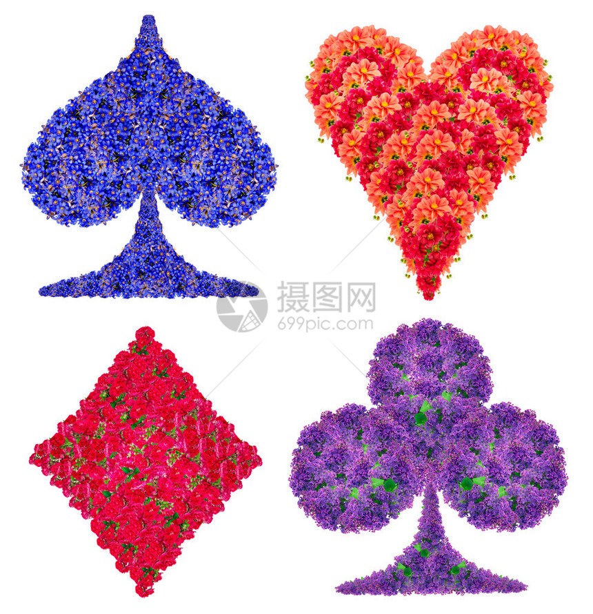 玩牌游戏用红花和蓝花制作的卡片抽象西装符号图片