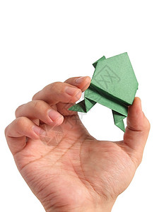 手中的折纸青蛙在白色图片