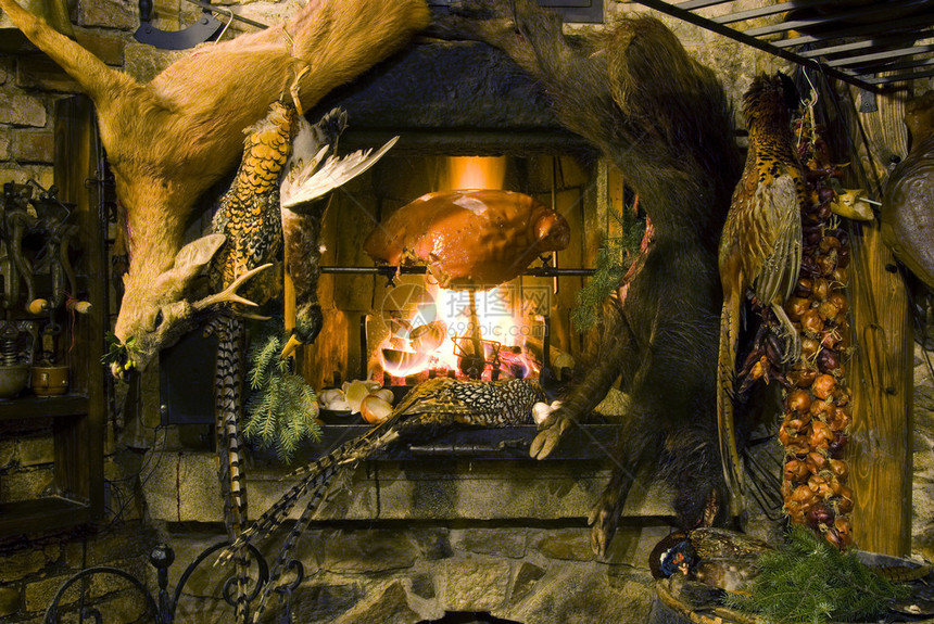 火上烤肉壁炉前挂着鹿肉图片