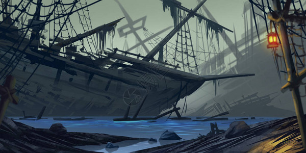 搁浅的船幽灵船小说背景概念艺术逼真的插图视频游戏数字CG艺术图片