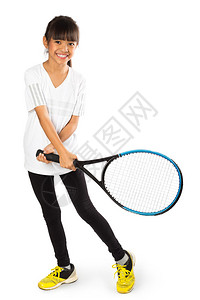 小亚洲女孩拿着网球拍图片