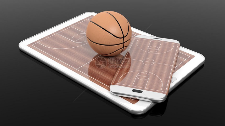 在智能手机边缘和平板显示器上有球的篮球场图片