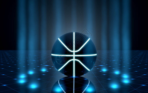 拉斯特雷利未来主义聚光灯舞台上用霓虹灯标记点亮篮球的未来主义运动概念设计图片