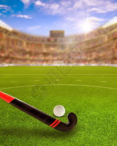 前锋体育场的3D渲染充满了球迷在看台上用曲棍球棒和球在场上特殊效果的日落耀斑专注于前设计图片