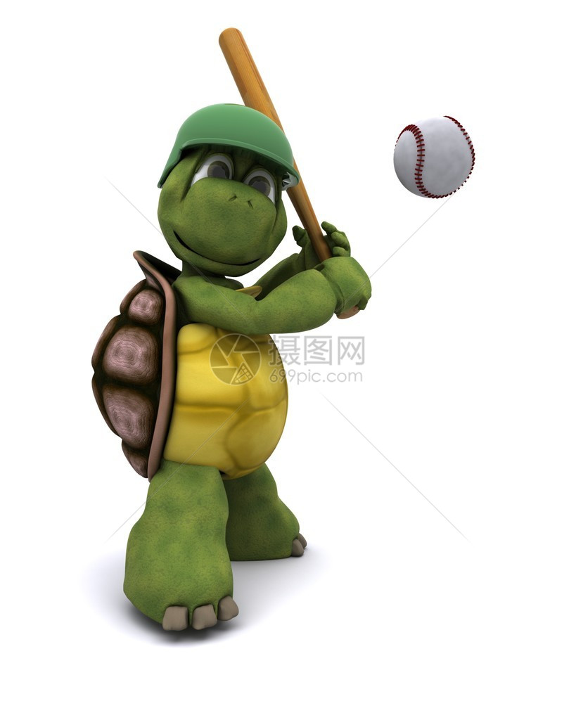 一只乌龟打棒球的3D渲染图片