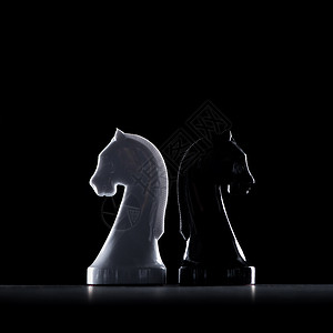 白人和黑人象棋骑士的圆背影以黑色图片