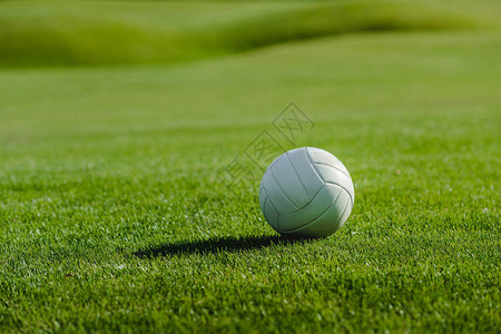 绿色草坪上白色皮球的近景背景图片
