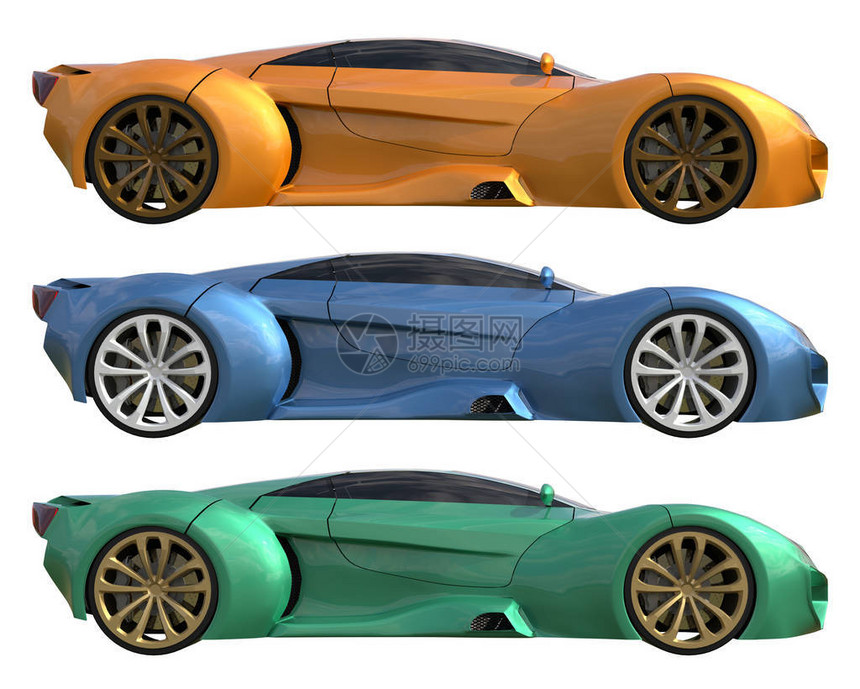 一套黄色蓝色和绿色一种模型的三辆概念赛车图片