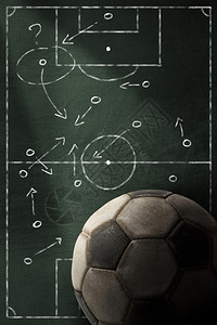 在一块绿色黑板上的旧足球与足球场和战术计划足背景图片