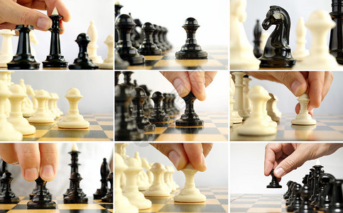九张棋游戏图片的合成图像配有零碎和图片