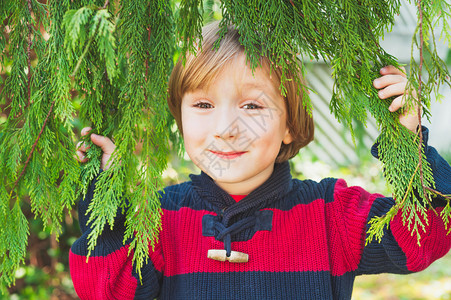 躲在树枝后面的可爱小男孩在图片