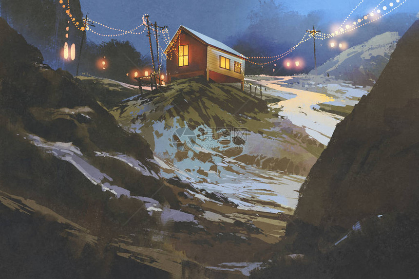 冬天山中木屋的夜景插画图片