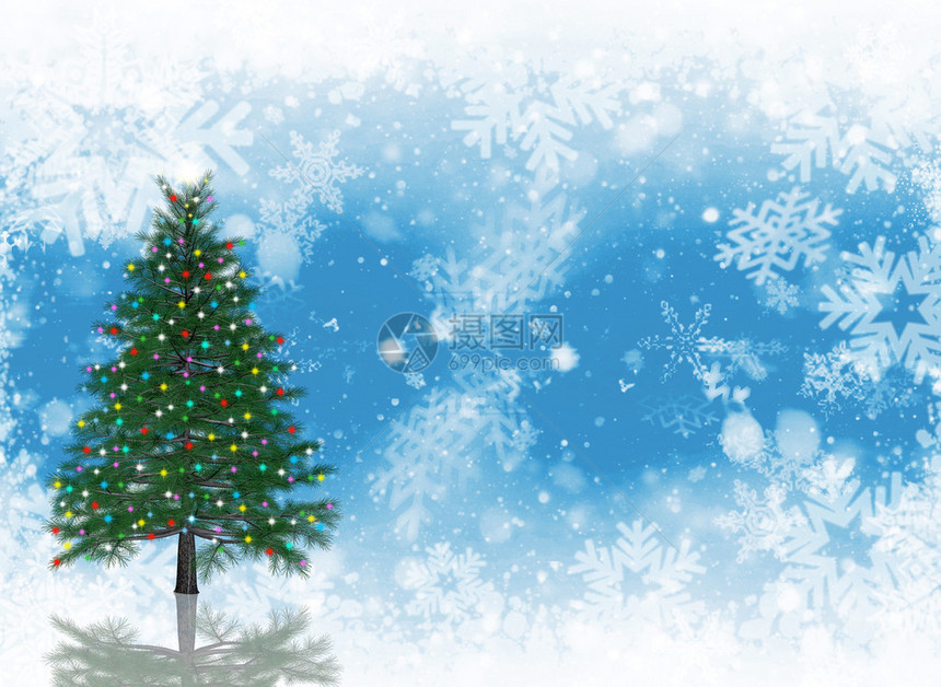 圣诞树在雪花背景上闪图片