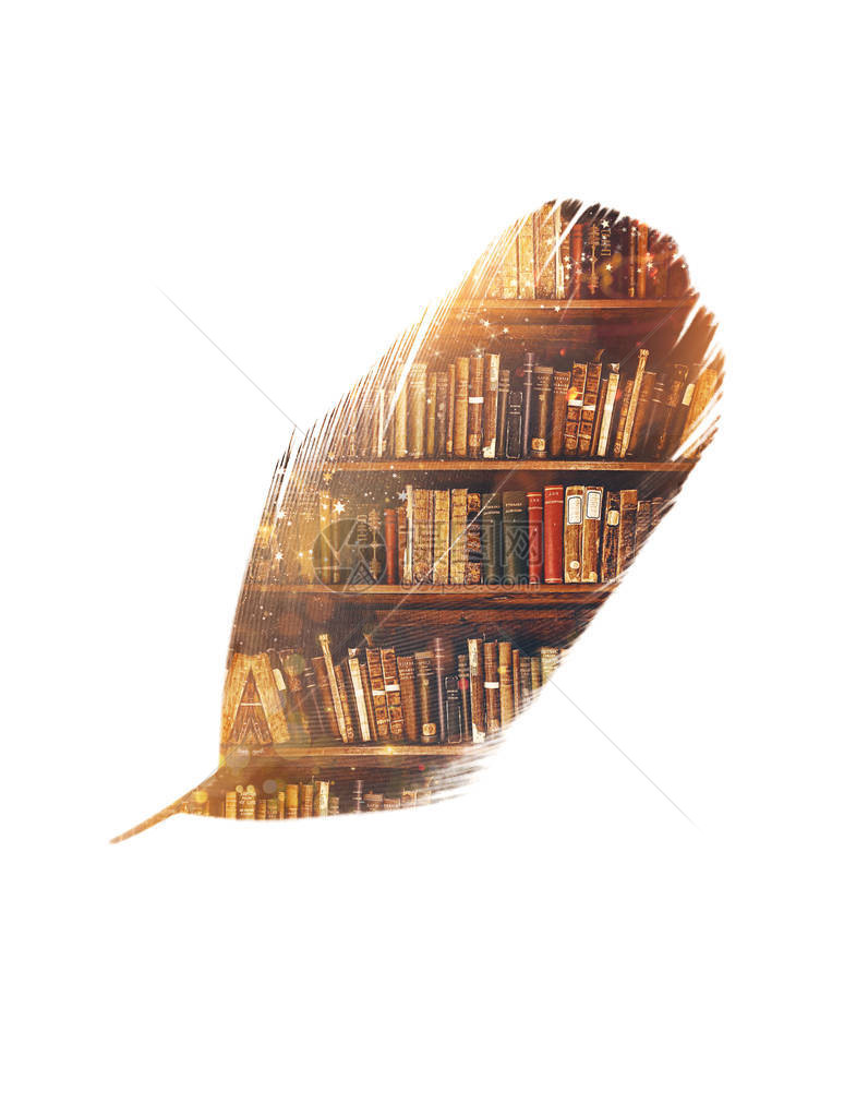 双倍羽毛与旧书架在童话灯光和火花中的旧书架的银图片