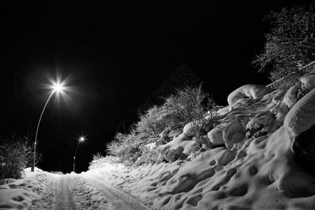 冬天的道路在晚上被照亮黑白图片图片
