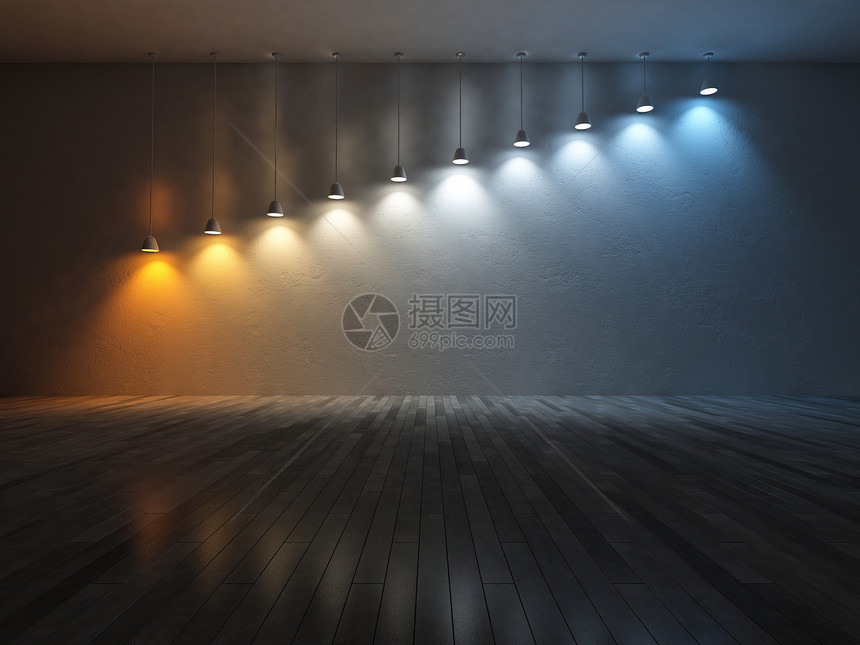 使用不同灯泡的10个悬吊灯的3D翻立图像颜色温度尺破碎混凝土墙壁和木地板图片