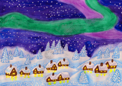 手画圣诞图画北极光照天的风景雪中的房屋和木头树图片