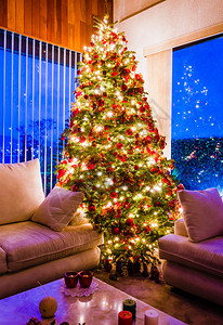 圣诞树晚上在舒适的客厅和窗图片