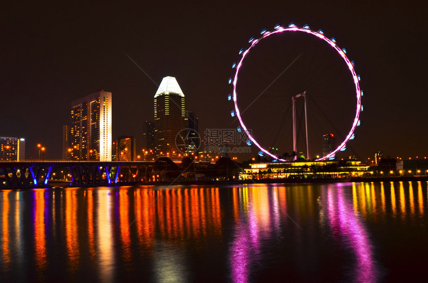 新加坡摩天观景轮和夜间天际线图片