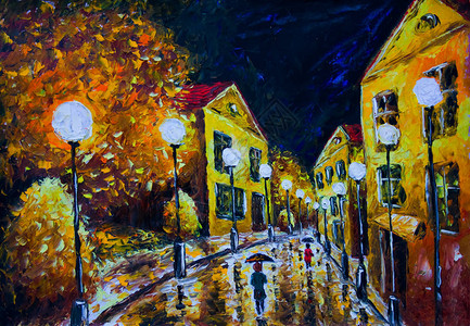 雨崩村夜间城市法国村黄色房屋白色灯光带雨伞的人潮湿插画