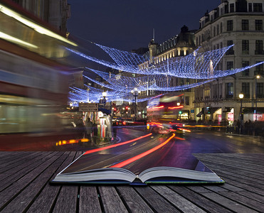 伦敦圣诞灯光的创意概念从魔法书里的页图片