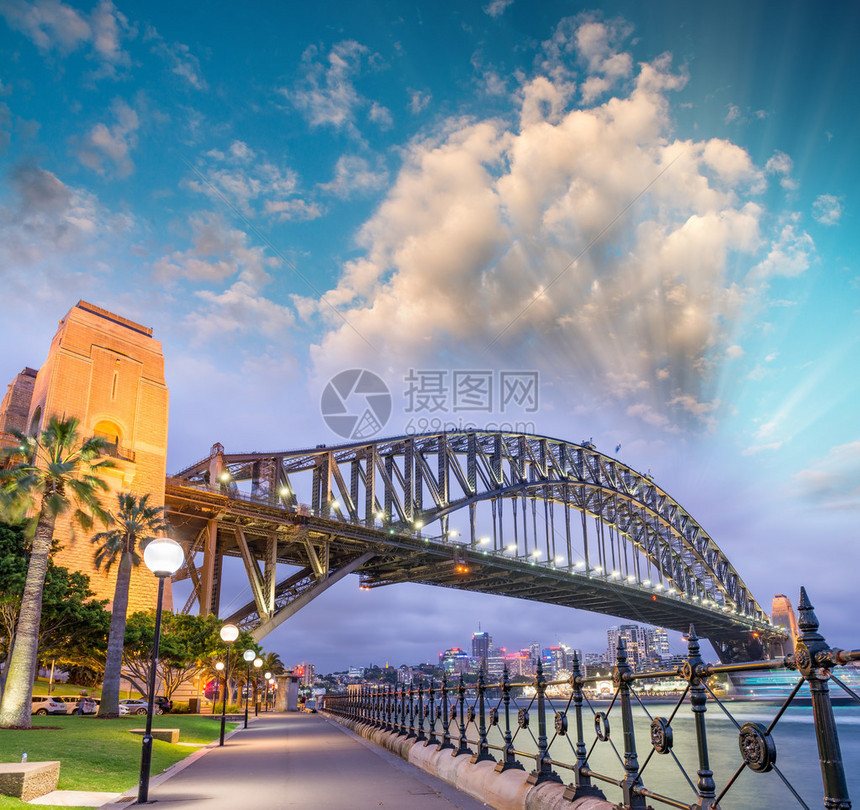 横跨悉尼海港大桥的美丽日落图片