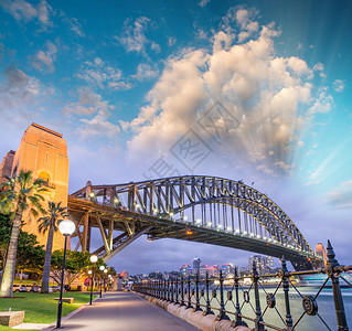 横跨悉尼海港大桥的美丽日落图片