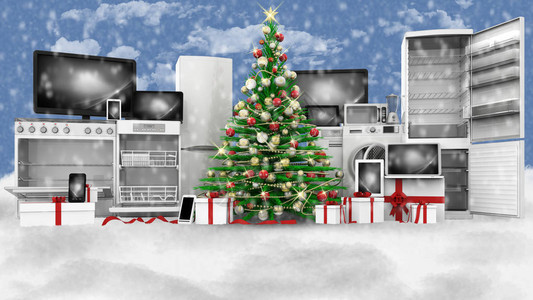 3D插图圣诞树在雪下装饰成绿色圣诞科技礼品图片