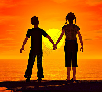 年轻男孩在看海边的日落时摸着女友的手我的艺术作品是图片
