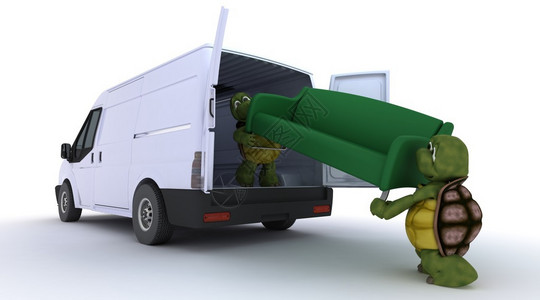 乌龟将沙发装入货车的3D渲染图片