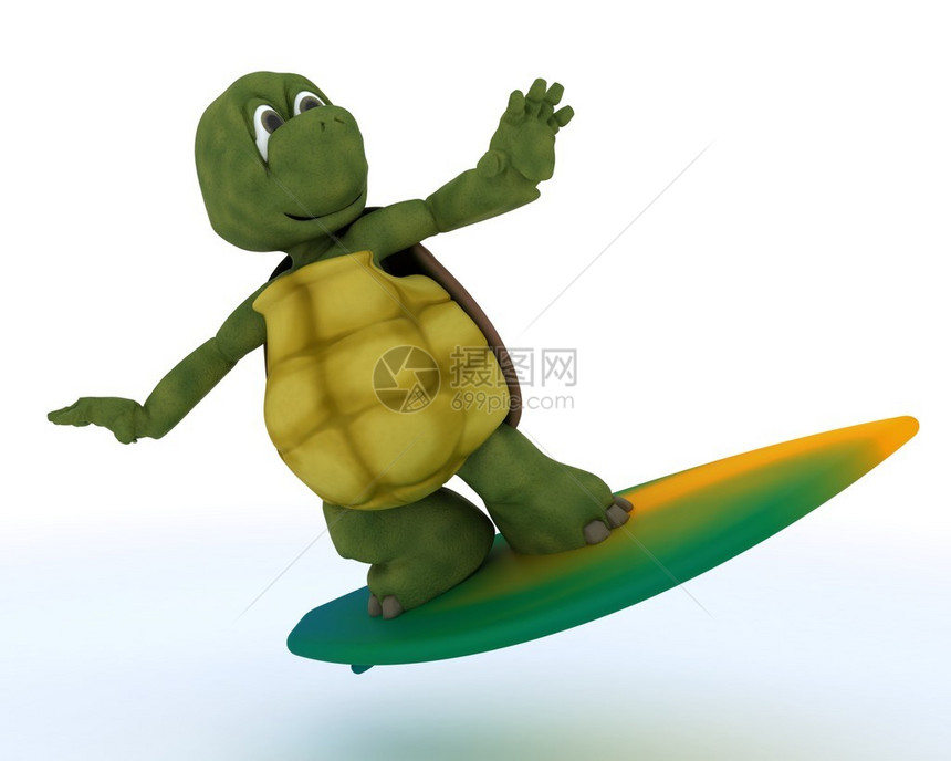 带有冲浪板的乌龟的3D渲染图片