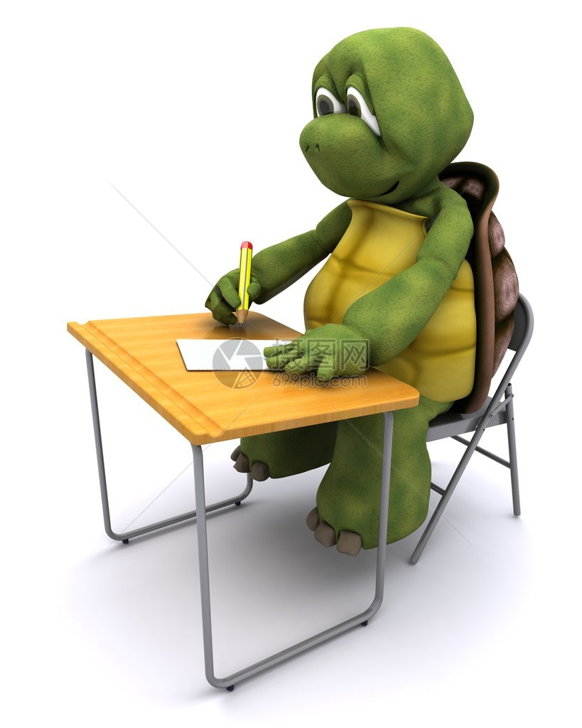 乌龟坐在课桌旁的3D渲染图片