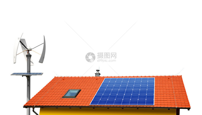 房顶上的太阳能电池板在背景图片