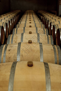 红酒在葡萄酒厂的地窖里老掉的酿酒橡皮桶中图片