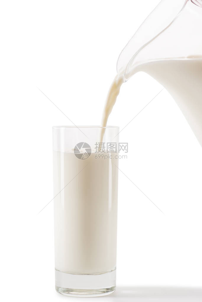 将牛奶从罐子倒到玻璃用于在白图片