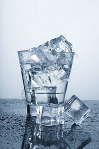 带冰块和水滴的冰镇水杯图片