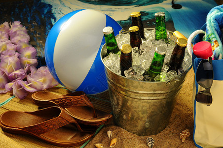 海滩球图腾润滑剂凉鞋太阳眼镜和莱伊环绕着冰上一桶各种啤酒瓶图片