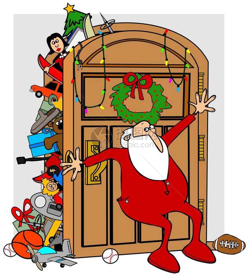 这幅图画描绘圣诞老人穿着长内裤试图不让衣柜里的东西溢出照片来自Flic图片