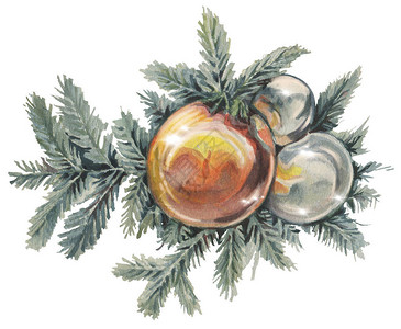 一棵带球的圣诞树的枝水彩手绘插图图片