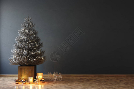 黑色房间内部的圣诞树3d渲染图片