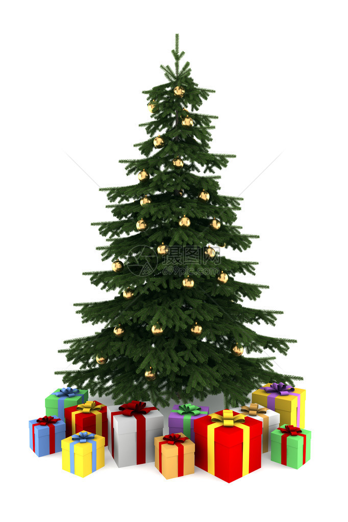 圣诞树带有彩色礼品盒在白色背景与图片
