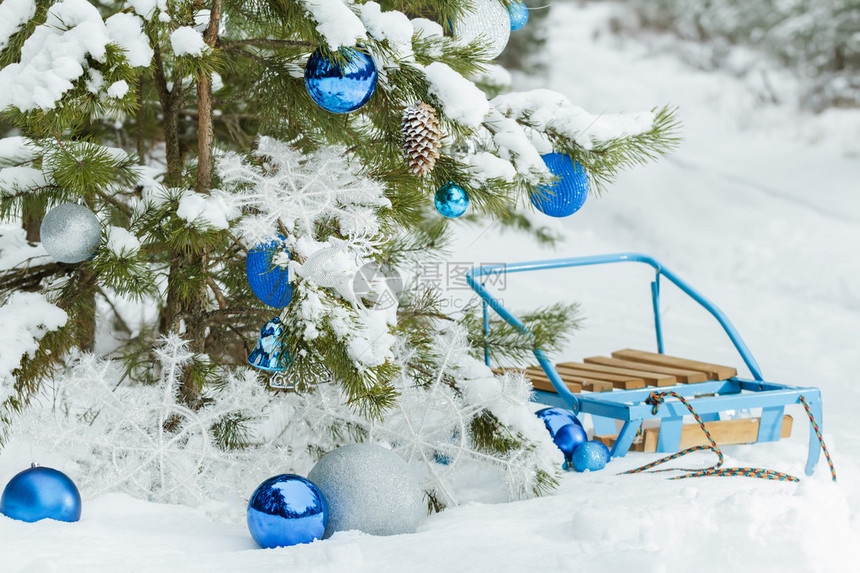 圣诞白雪松树装饰着闪亮的和蓝色图片
