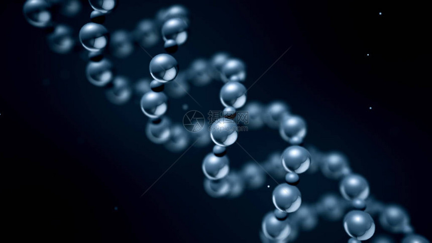 银分子螺旋黑暗孤立背景下金属球的抽象垂直旋转螺旋环中相互连接的金属分图片