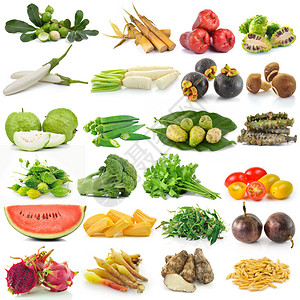 白色背景上的一组水果和蔬菜高清图片