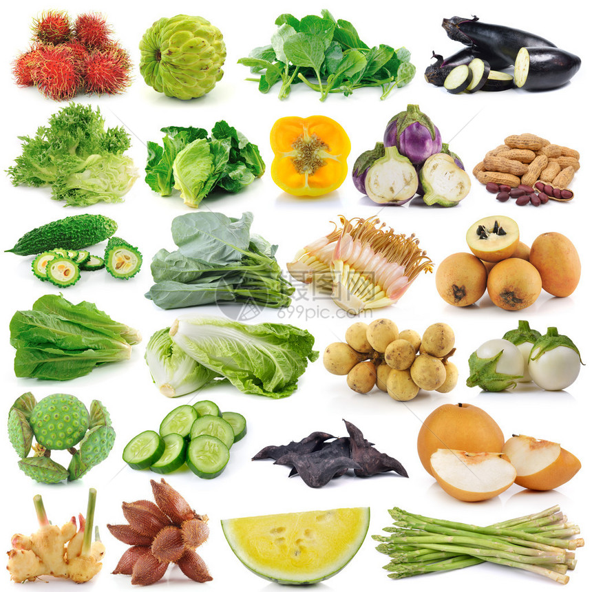 白色背景上的一组水果和蔬菜图片