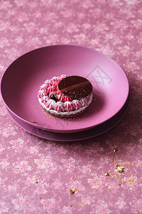 巧克力和黑醋栗迷你馅饼装饰着巧克力圆盘图片