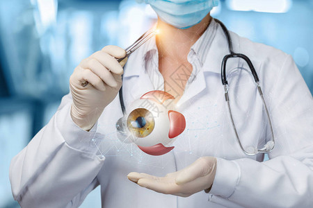 病人的外科治疗概念医生展示了眼部模图片