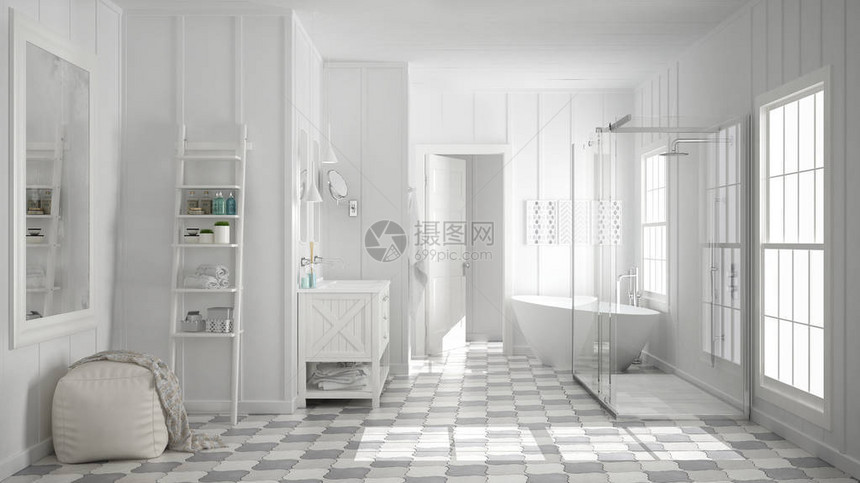 斯堪的纳维亚简约的白色浴室淋浴缸和装饰图片